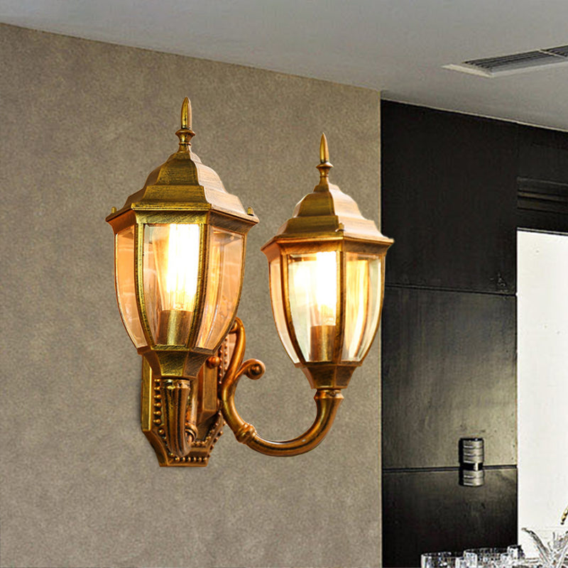 Brass/Black 2 Bulbs Wall Mounted Lighting Farmhouse Clear Glass Acorn Sconce Lamp with Curved Arm