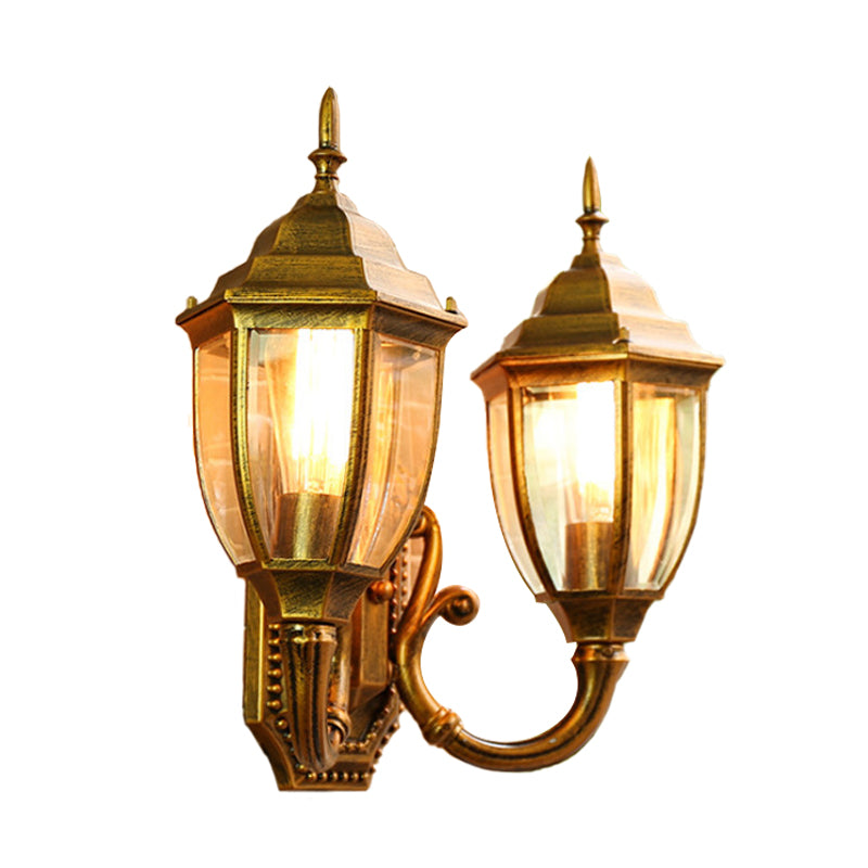 Brass/Black 2 Bulbs Wall Mounted Lighting Farmhouse Clear Glass Acorn Sconce Lamp with Curved Arm
