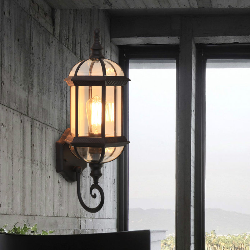 Clear Glass Birdcage Wall Sconce Country 1 Bulb Outdoor Wall Mounted Light in Black/Brass with Twisted Arm