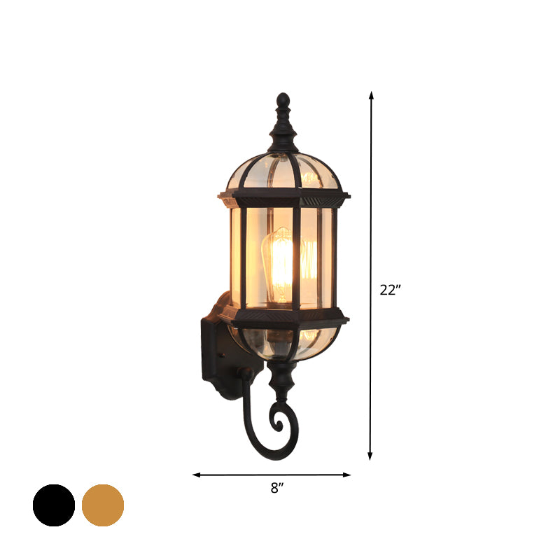 Clear Glass Birdcage Wall Sconce Country 1 Bulb Outdoor Wall Mounted Light in Black/Brass with Twisted Arm