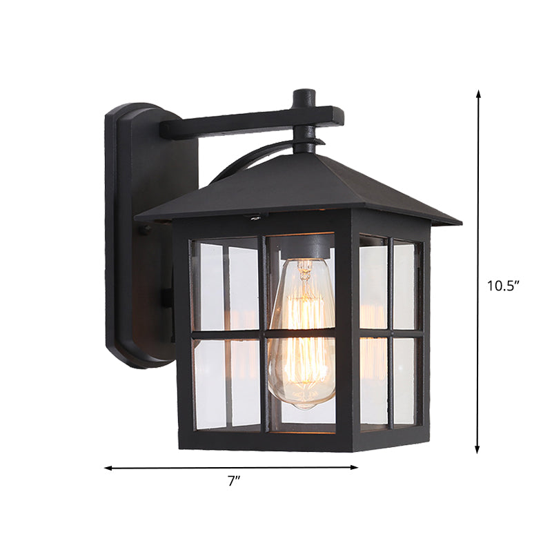 Black 1 Head Wall Sconce Light Lodges Clear Glass Cuboid Wall Lamp Fixture for Outdoor