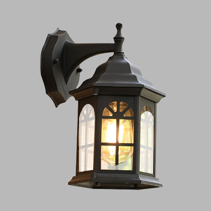 1-Head Castle Sconce Lighting Country White/Black/Brass Aluminum Wall Mounted Lamp with Clear Glass Shade