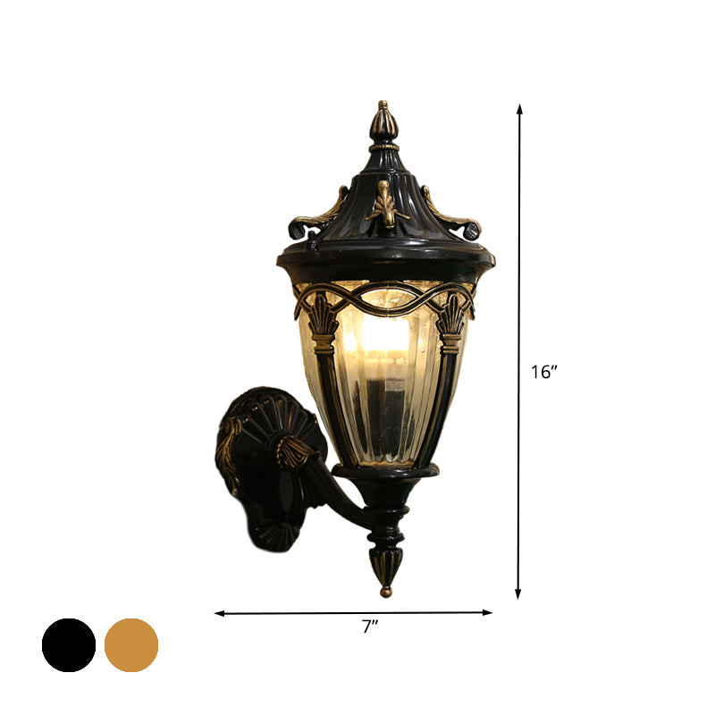 1 Bulb Urn Wall Sconce Light Loft Brass/Black Metal Wall Lamp Fixture with Clear Ribbed Glass Shade