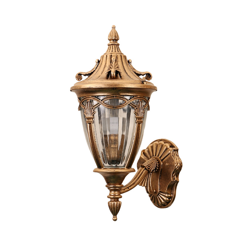 1 Bulb Urn Wall Sconce Light Loft Brass/Black Metal Wall Lamp Fixture with Clear Ribbed Glass Shade