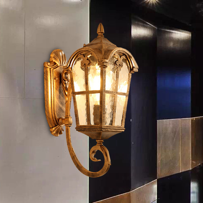 Farmhouse Lantern Sconce Lamp 1-Light Metallic Wall Light Fixture in Black/Brass with Water Glass Shade