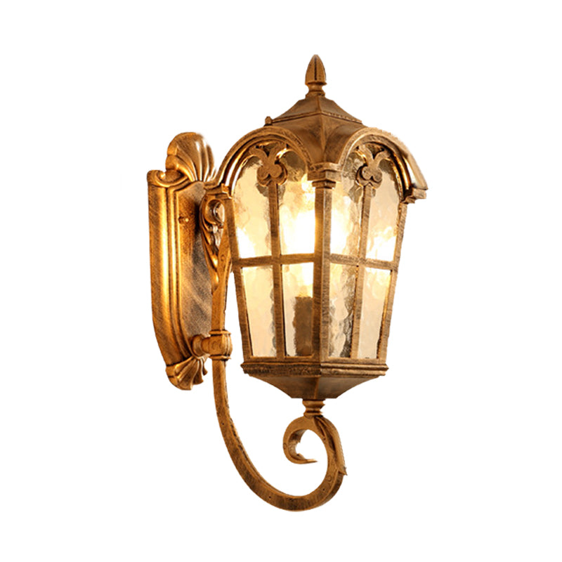 Farmhouse Lantern Sconce Lamp 1-Light Metallic Wall Light Fixture in Black/Brass with Water Glass Shade