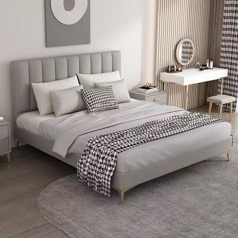 Contemporary Faux Leather Panel Standard Bed, Slat Rectangular Beveled Headboard Bed