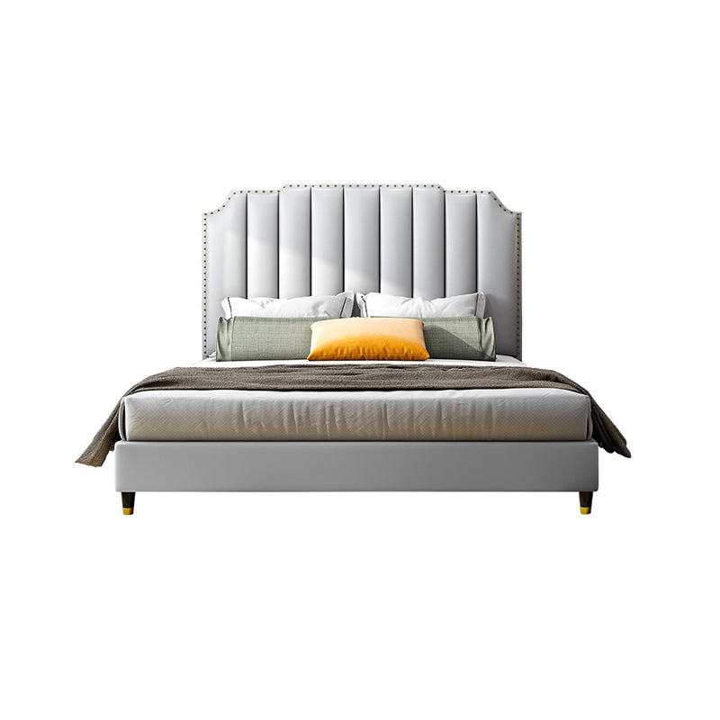 Contemporary Faux Leather Panel Standard Bed, Slat Rectangular Beveled Headboard Bed