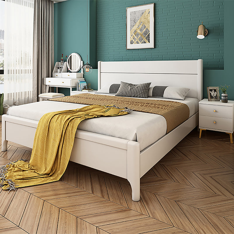 Contemporary White Wood Standard Bed, Rectangular Panel Headboard Bed