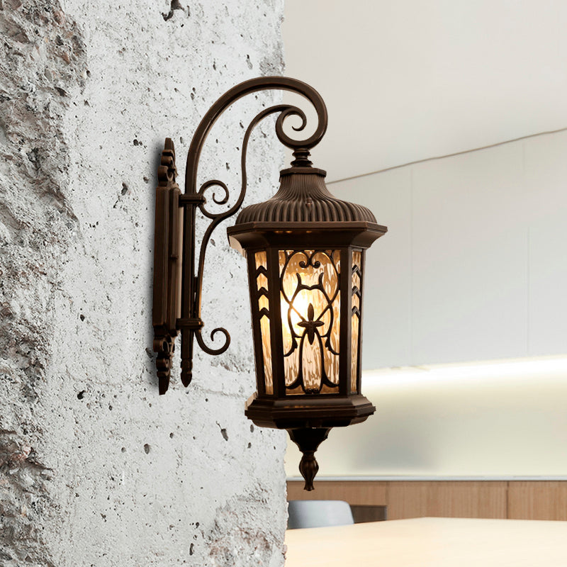 1-Head Wall Sconce Lighting Country Lantern Metallic Wall Mounted Lamp in Black with Water Glass Shade