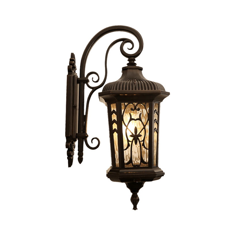 1-Head Wall Sconce Lighting Country Lantern Metallic Wall Mounted Lamp in Black with Water Glass Shade