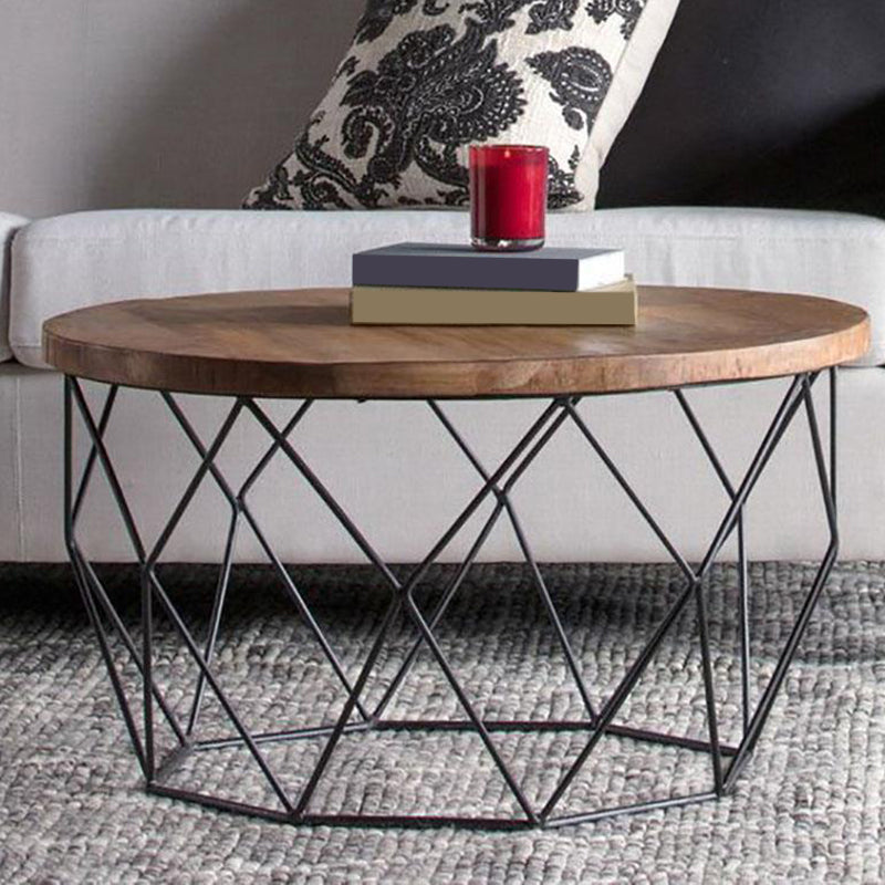 Contemporary Wooden Top Round Coffee Table with Black Metal Frame Base