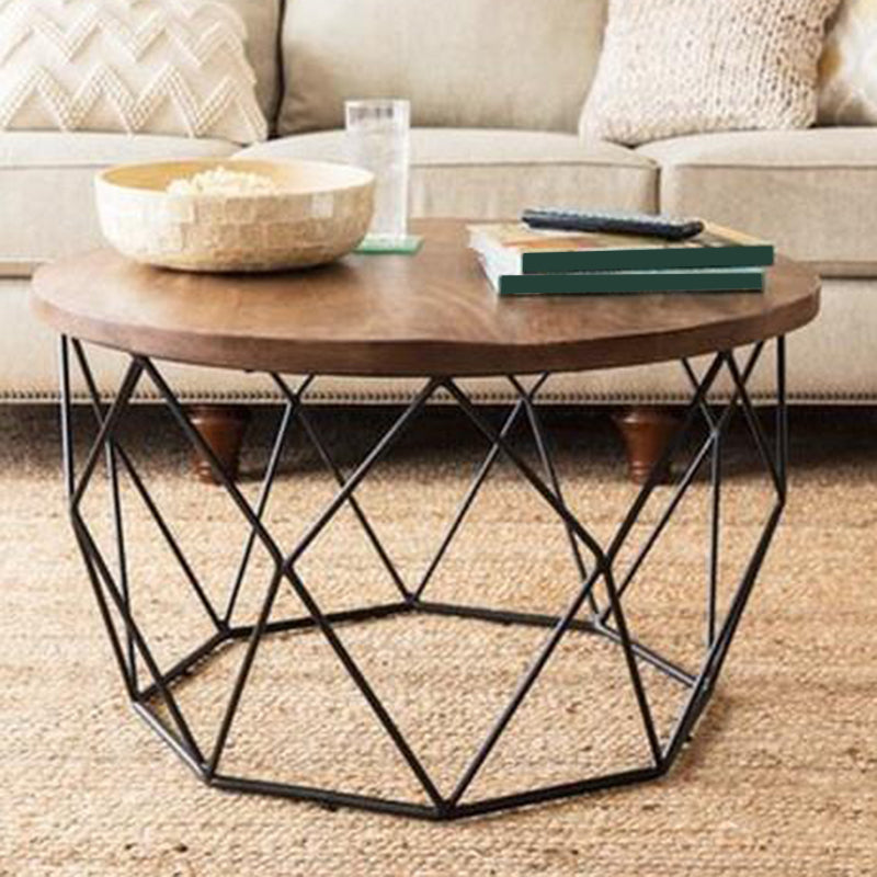 Contemporary Wooden Top Round Coffee Table with Black Metal Frame Base