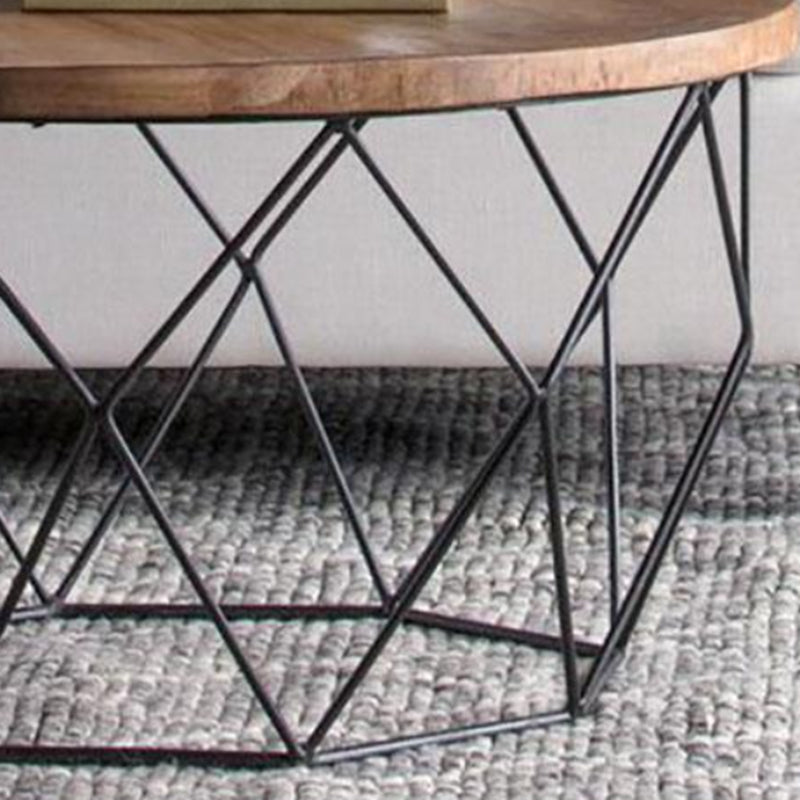 Contemporary Wooden Top Round Coffee Table with Black Metal Frame Base