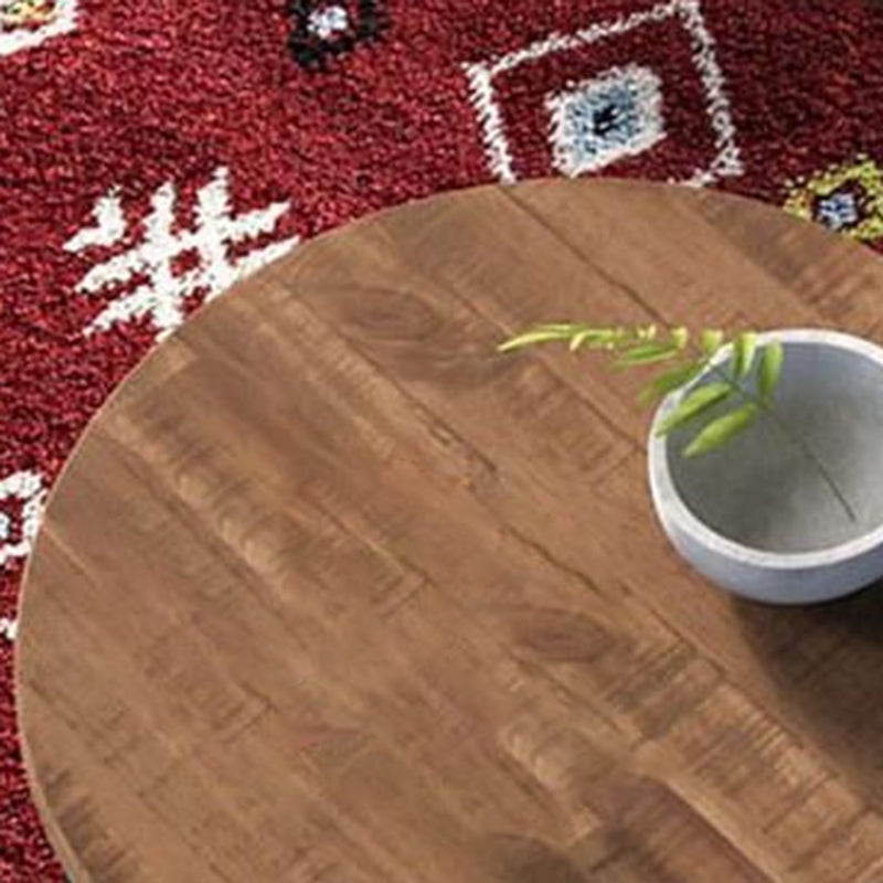 Contemporary Wooden Top Round Coffee Table with Black Metal Frame Base