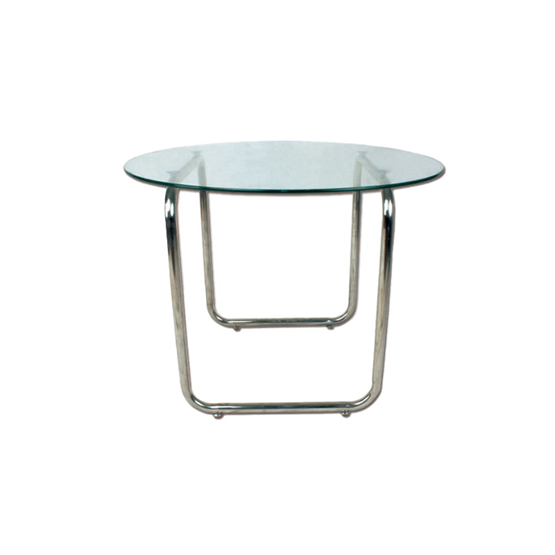 Contemporary Round Glass Top Cocktail Table with Sled Steel Base