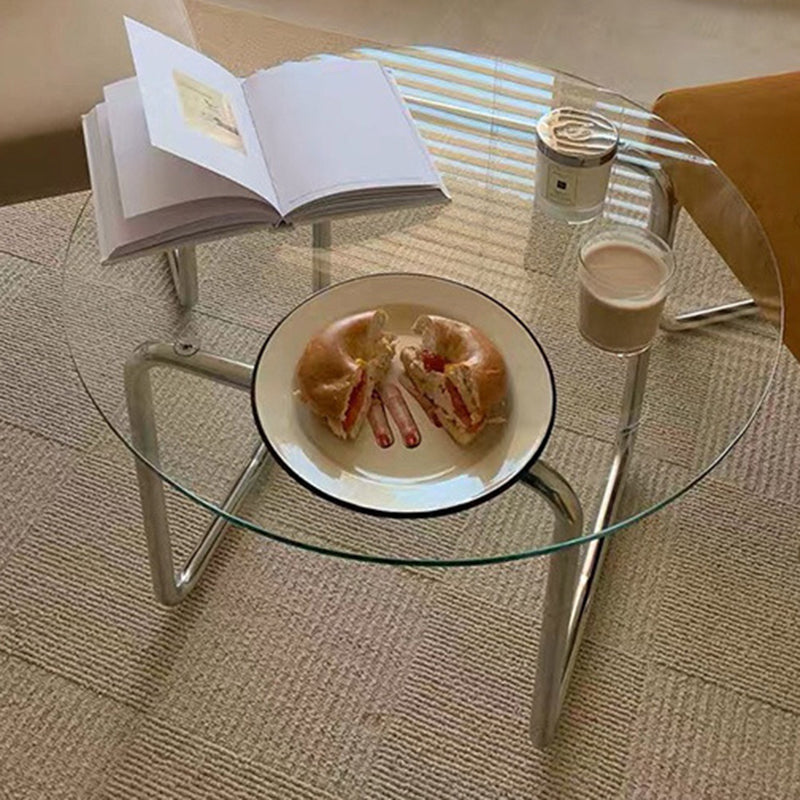 Contemporary Round Glass Top Cocktail Table with Sled Steel Base