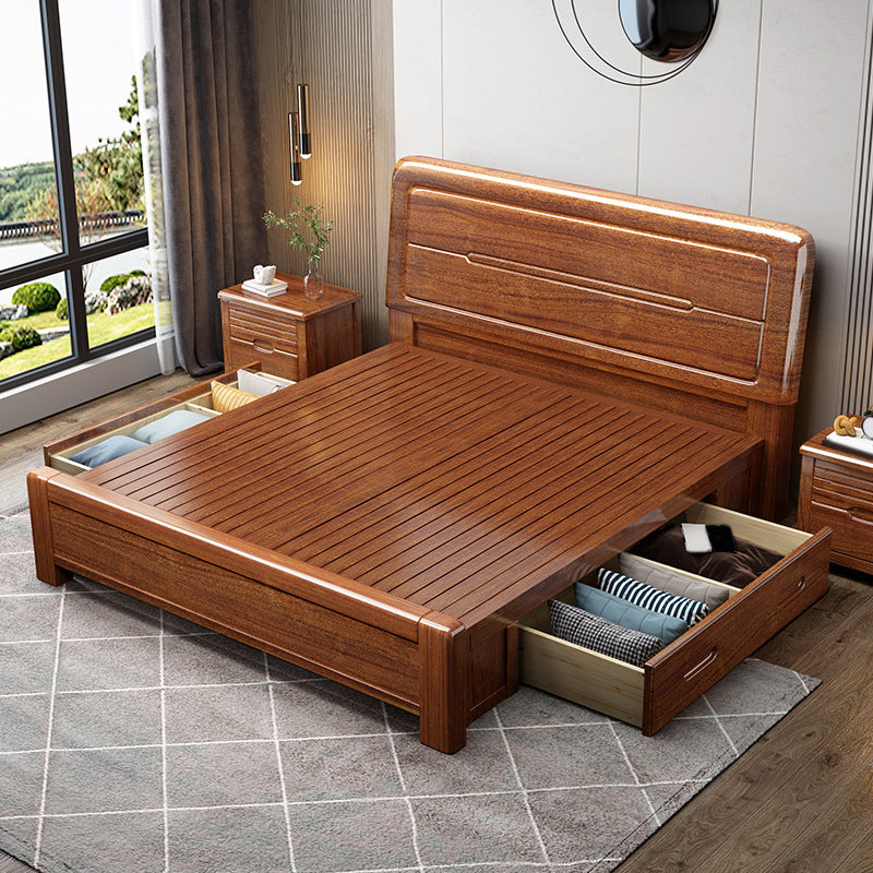Panel Bed with Storage 43.30" High Brown Walnut Wood Bed in Brone