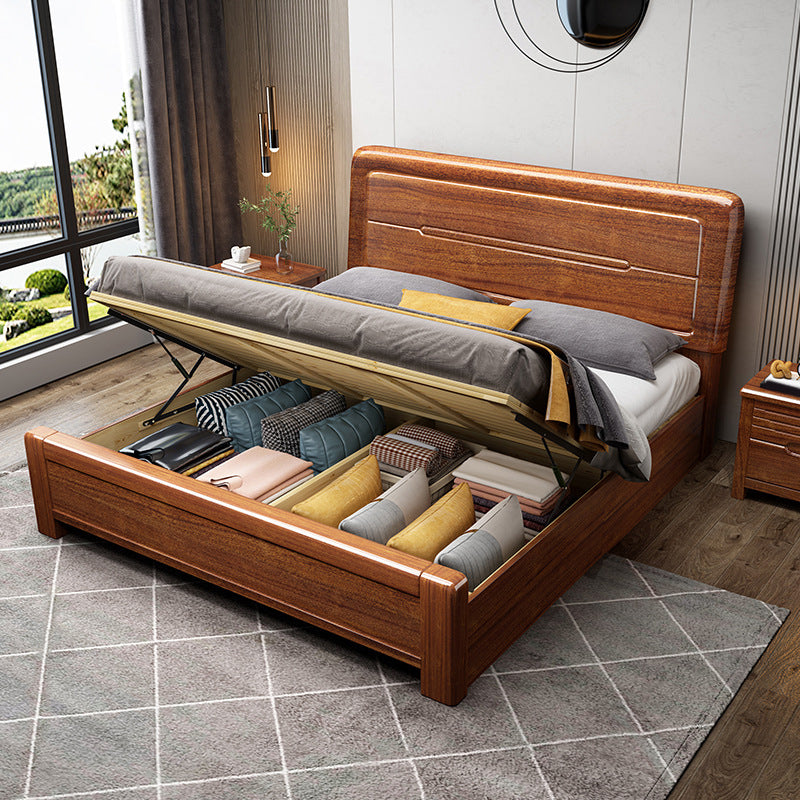 Panel Bed with Storage 43.30" High Brown Walnut Wood Bed in Brone
