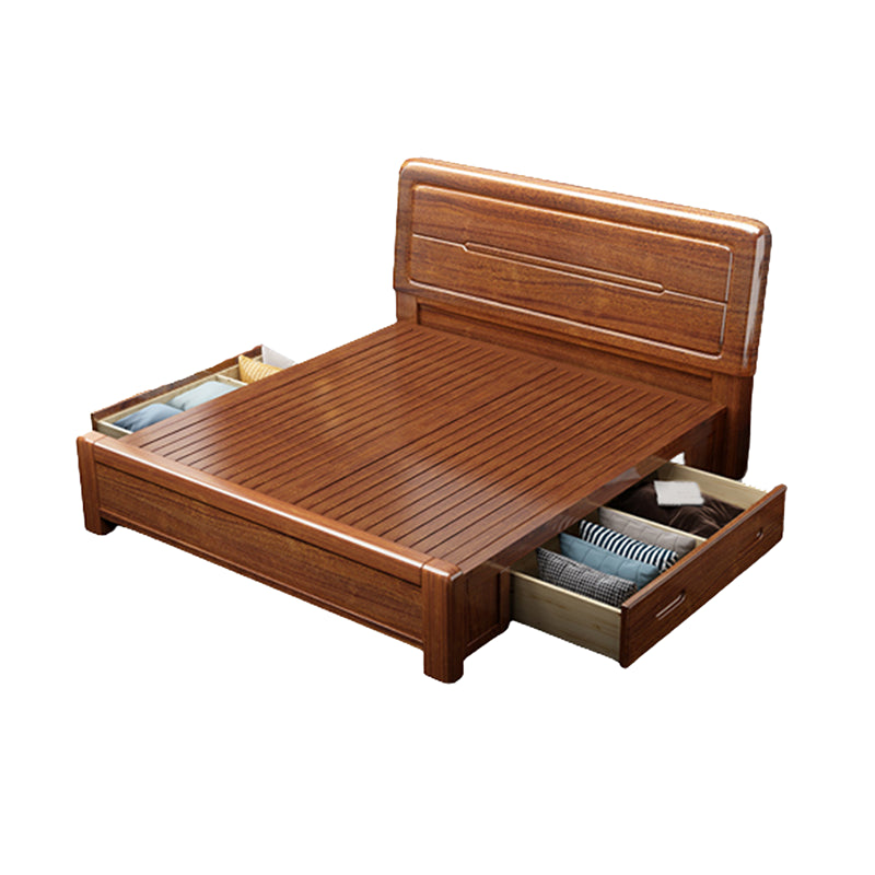 Panel Bed with Storage 43.30" High Brown Walnut Wood Bed in Brone