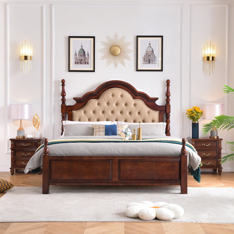 Brown Wood King Bed Tufted Nailhead Upholstered Bed Frame with Headboard