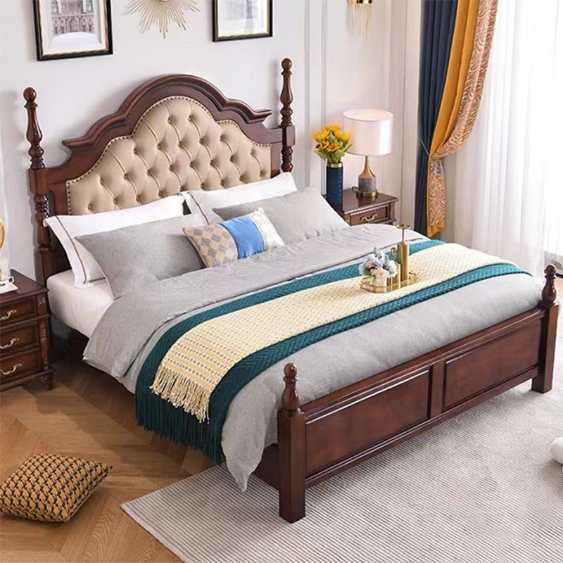 Brown Wood King Bed Tufted Nailhead Upholstered Bed Frame with Headboard