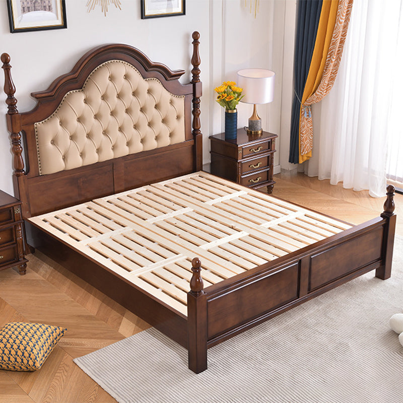 Brown Wood King Bed Tufted Nailhead Upholstered Bed Frame with Headboard
