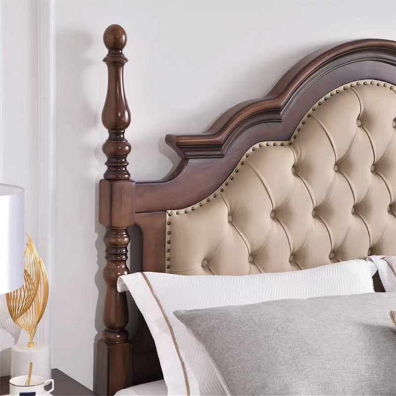 Brown Wood King Bed Tufted Nailhead Upholstered Bed Frame with Headboard