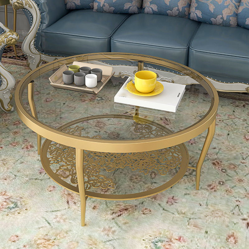 Contemporary Round Glass Top Coffee Table with Iron 4 Legs and Shelf