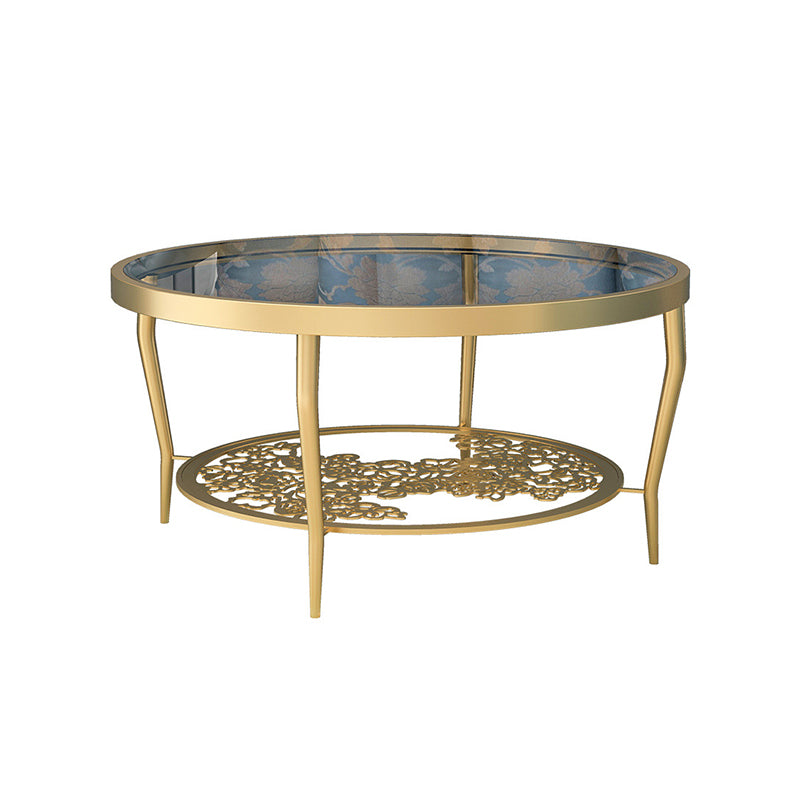 Contemporary Round Glass Top Coffee Table with Iron 4 Legs and Shelf