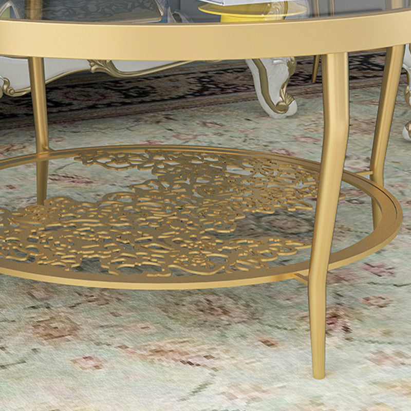 Contemporary Round Glass Top Coffee Table with Iron 4 Legs and Shelf