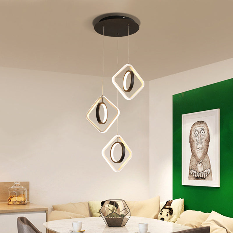 Modern Ring and Square Ceiling Light Acrylic Dining Room LED Multi Lamp Pendant in Black, White/Warm Light