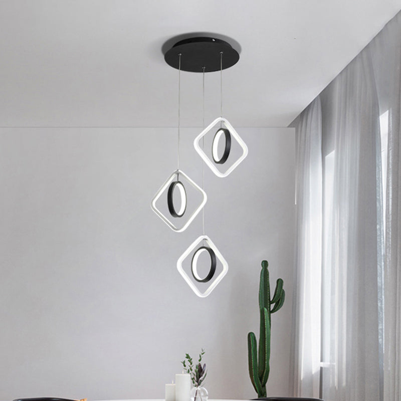 Modern Ring and Square Ceiling Light Acrylic Dining Room LED Multi Lamp Pendant in Black, White/Warm Light