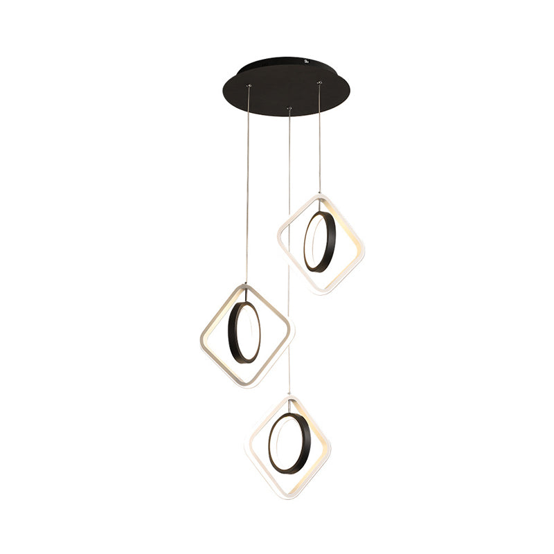 Modern Ring and Square Ceiling Light Acrylic Dining Room LED Multi Lamp Pendant in Black, White/Warm Light