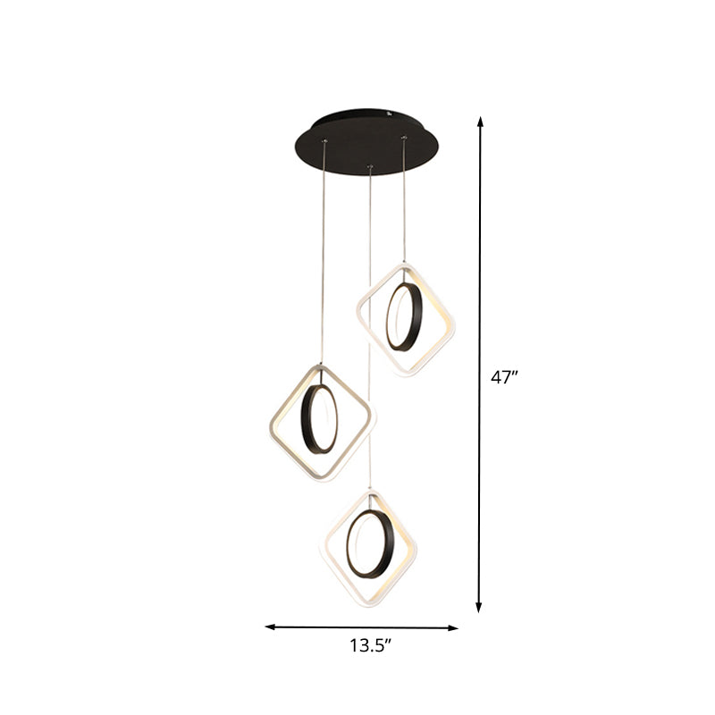Modern Ring and Square Ceiling Light Acrylic Dining Room LED Multi Lamp Pendant in Black, White/Warm Light