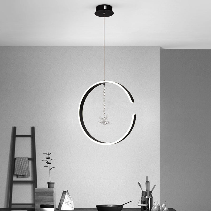 Acrylic Ring Hanging Light Kit Modern LED Black Pendant Lamp with Bird Crystal Droplet in White/Warm Light