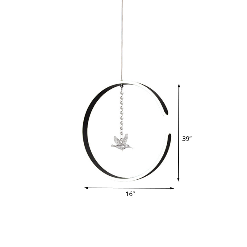 Acrylic Ring Hanging Light Kit Modern LED Black Pendant Lamp with Bird Crystal Droplet in White/Warm Light