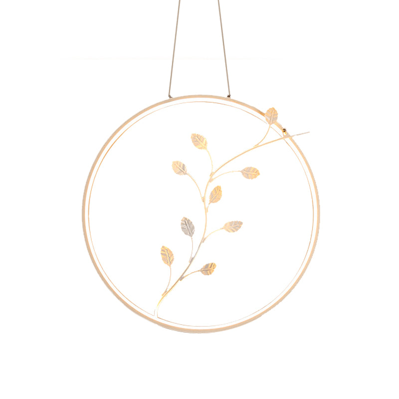 Ring Acrylic Hanging Light Minimalist LED White Suspension Lamp with Branch Deco in Warm/White Light
