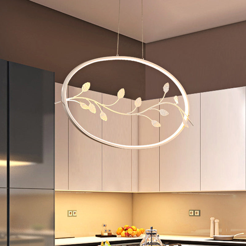 Modern Circle Pendant Light Fixture Acrylic Dining Room LED Ceiling Lamp in White with Branch Decor, White/Warm Light