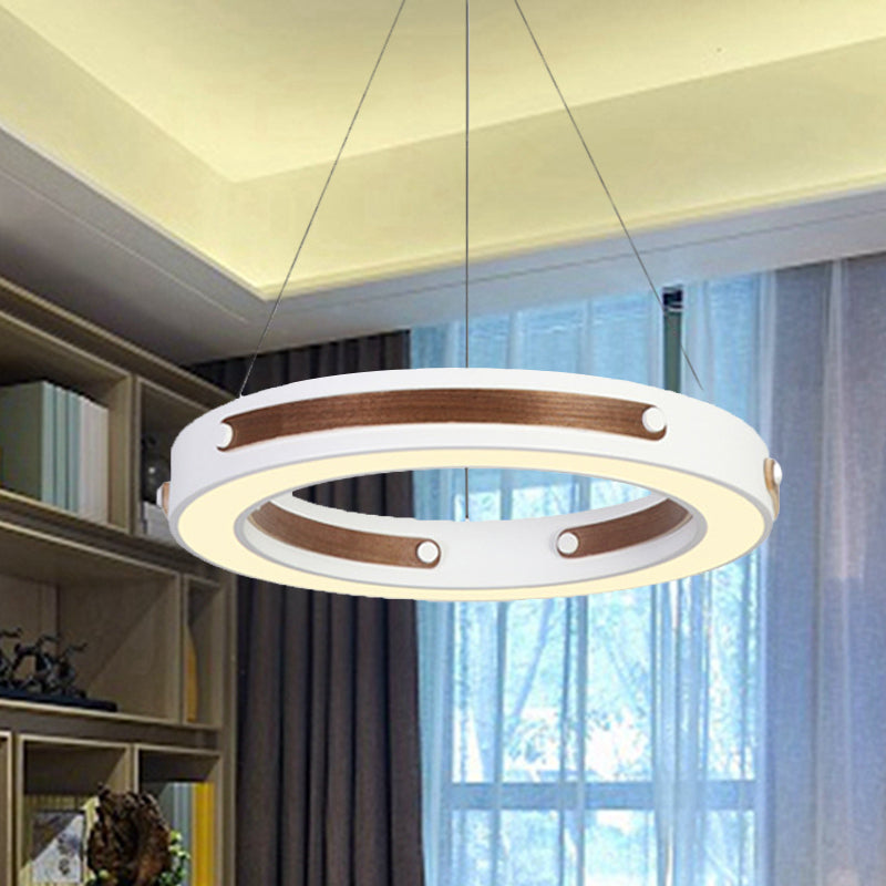 Iron Round Hanging Lighting Modernist LED White Pendant Ceiling Lamp with Wood Detail in Warm/White Light, 21.5"/27.5" Dia