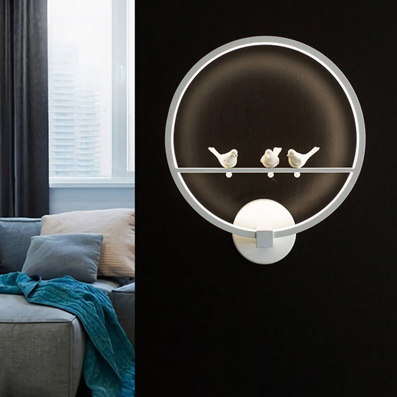 White Circle Sconce Lighting Modern LED Acrylic Wall Mount Lamp with Birds Deco for Bedroom