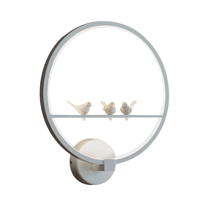 White Circle Sconce Lighting Modern LED Acrylic Wall Mount Lamp with Birds Deco for Bedroom