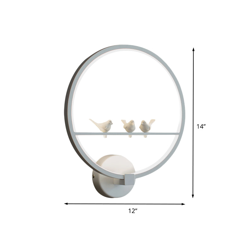 White Circle Sconce Lighting Modern LED Acrylic Wall Mount Lamp with Birds Deco for Bedroom