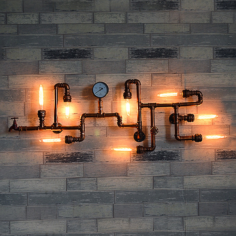 Maze Design Metal Wall Lighting with Pressure Gauge Steampunk 8-Light Bathroom Wall Sconce in Bronze