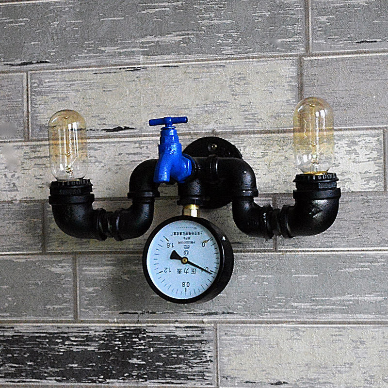 Antique Style Pipe Wall Lamp with Pressure Gauge and Faucet Deco 2 Lights Metal Sconce Lighting in Black