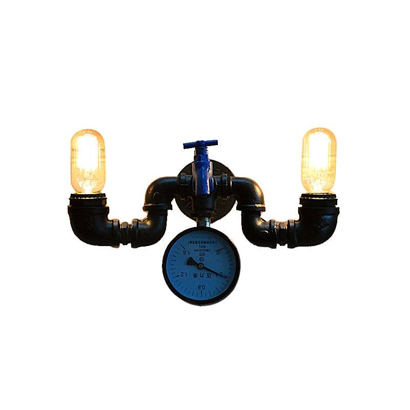 Antique Style Pipe Wall Lamp with Pressure Gauge and Faucet Deco 2 Lights Metal Sconce Lighting in Black