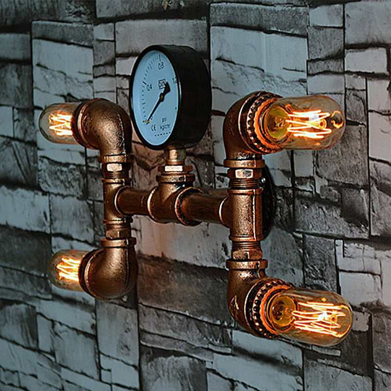 Bare Bulb Dining Room Wall Light Sconce with Gauge Deco Rustic Style Iron 4 Lights Copper Wall Mount Lamp