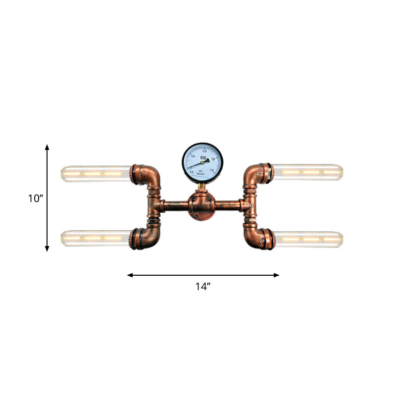 Bare Bulb Dining Room Wall Light Sconce with Gauge Deco Rustic Style Iron 4 Lights Copper Wall Mount Lamp