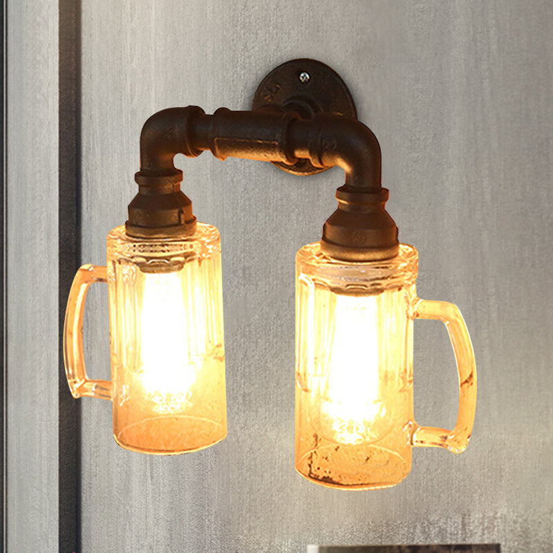 Glass Beer Mug Wall Lighting Antique Stylish 1 Light Hallway Wall Mount Light with Water Pipe in Bronze/Black