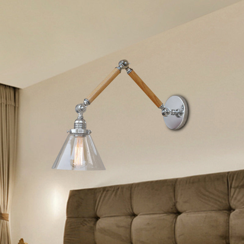 Cone Bedside Sconce Light Fixture Vintage Style Clear Glass 1 Light Chrome Wall Lamp, 8"+8"/6"+6"/8"+4" Wooden Arm